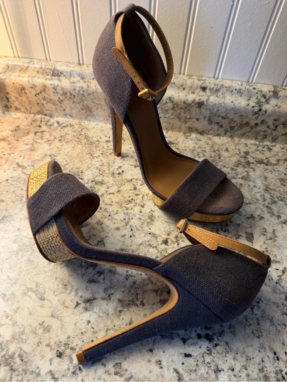 Tory Burch Amina Fabric Denim Platform Ankle-Strap Stiletto Heels Sexy 5” Linen
